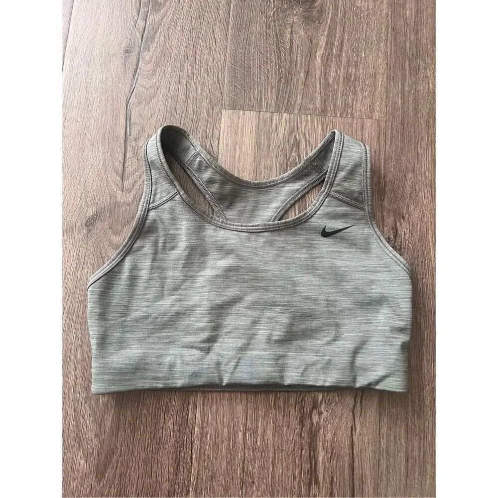 Nike Dri-Fit Sports Bra Gray Swoosh Logo Unlined Racerback Elastic Band M